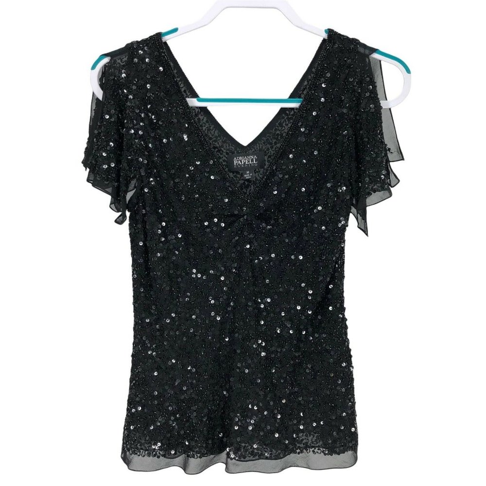 Adrianna Papell Sequins Top Shirt Womens Medium Black Split Sleeve Evening Party